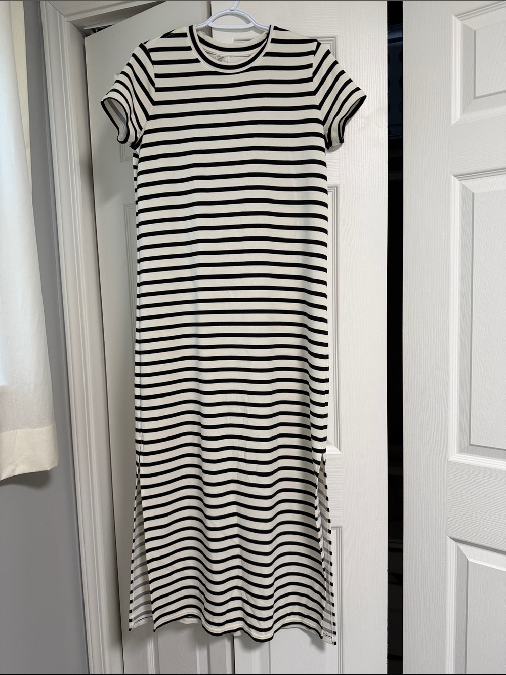 SPANX Black and White Striped Short Sleeve Midi Dress